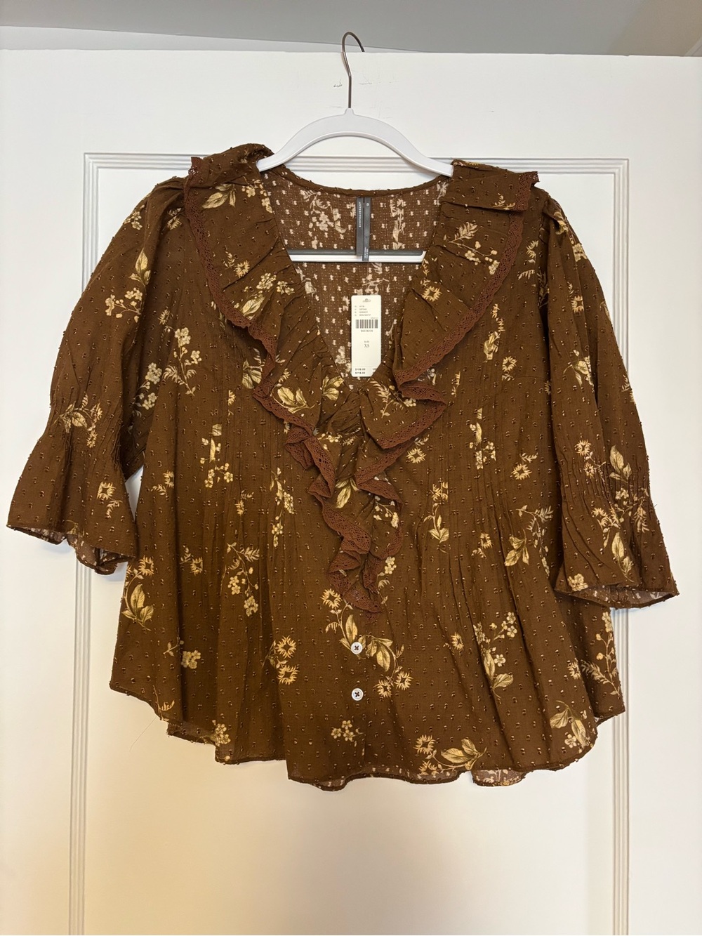 Anthropologie Brown Floral Ruffle V-Neck Blouse